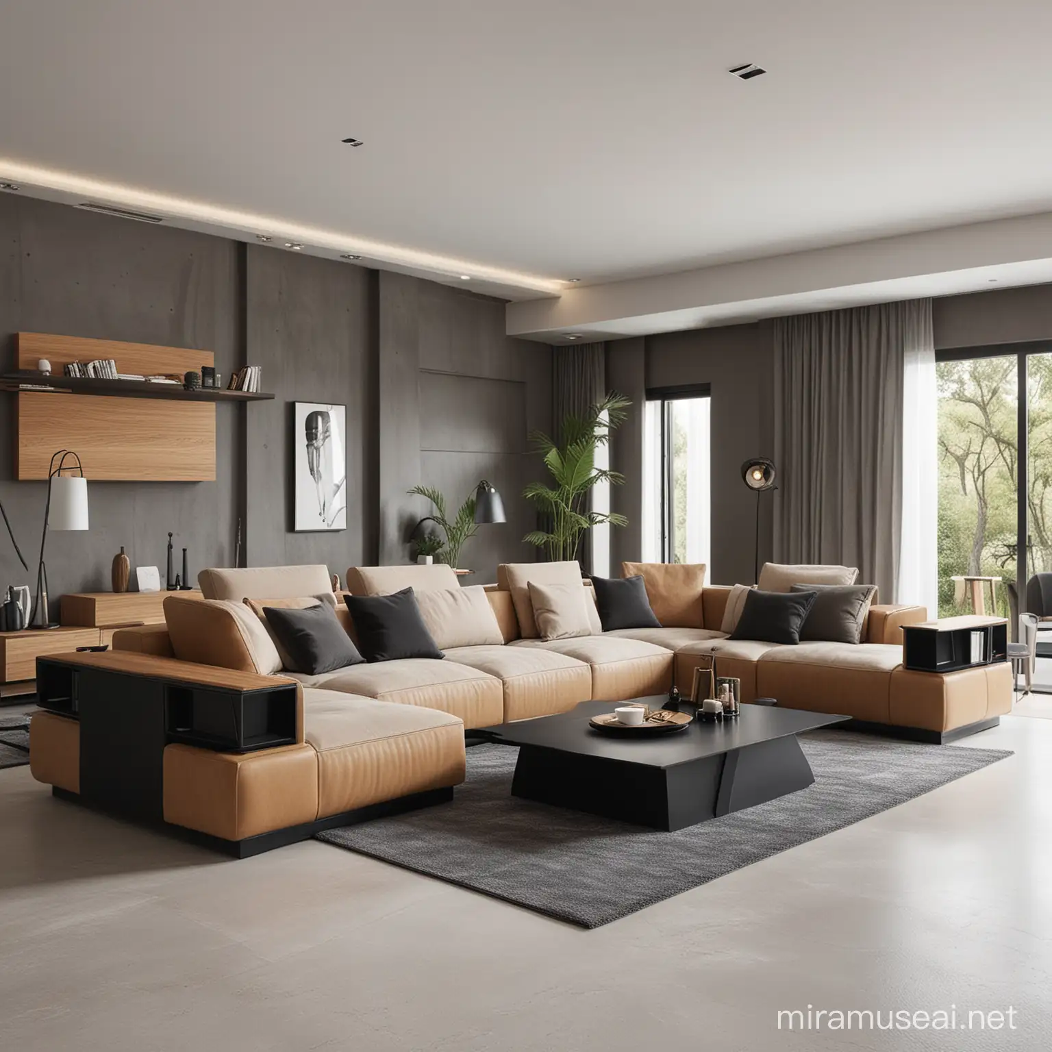 2024 Futuristic Stylish Leather Sofa Set with Minimalist Oak Woodwork