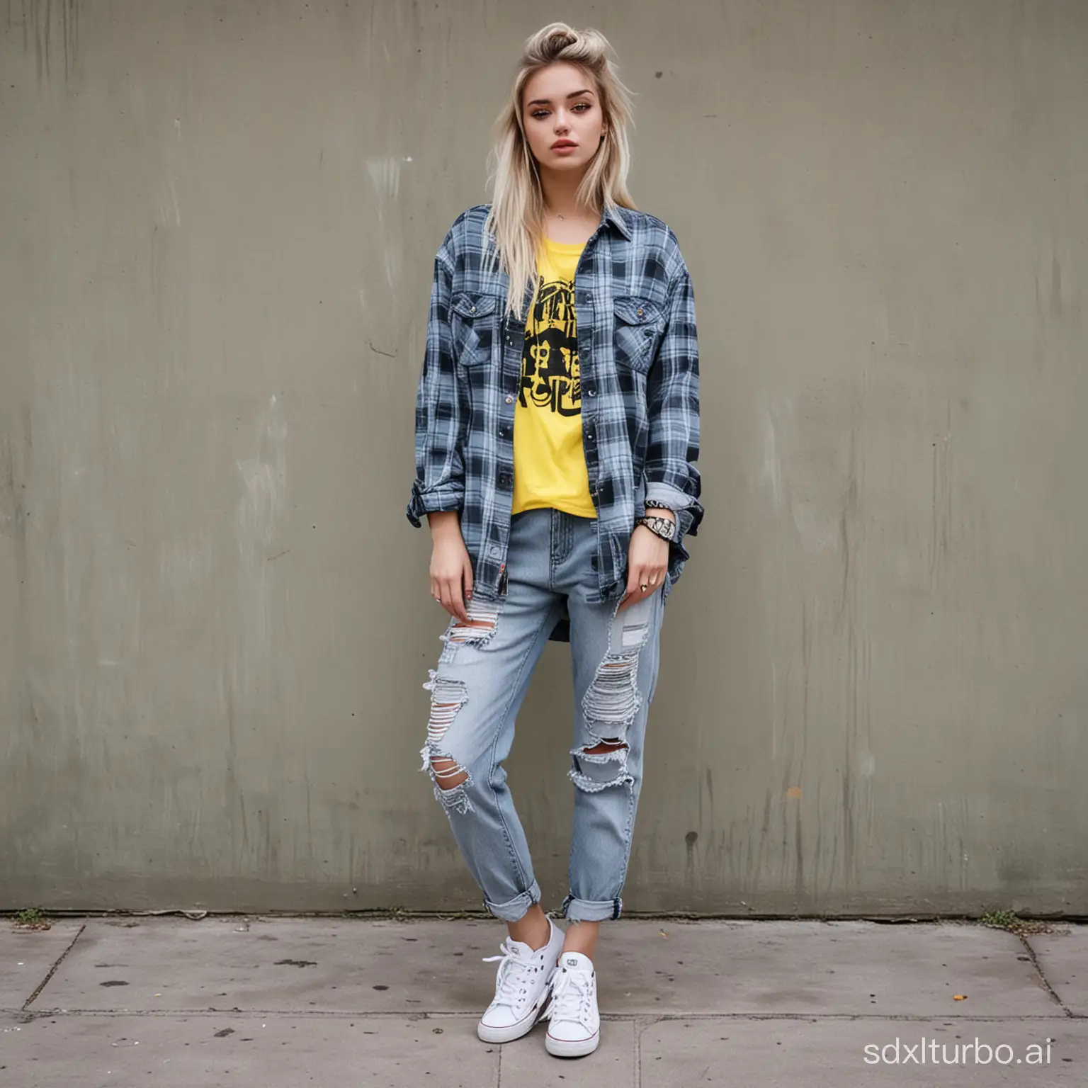 Girl portrait, style by Pajaritito490. Line and ink color painting, 1girl, solo, grunge fashion, distressed jean, oversized ripped flannel shirt layered over graphic band tee, cargo pants, worn-out sneakers paired with neon accent accessories, grey eyes, pale skin, look at viewer,
