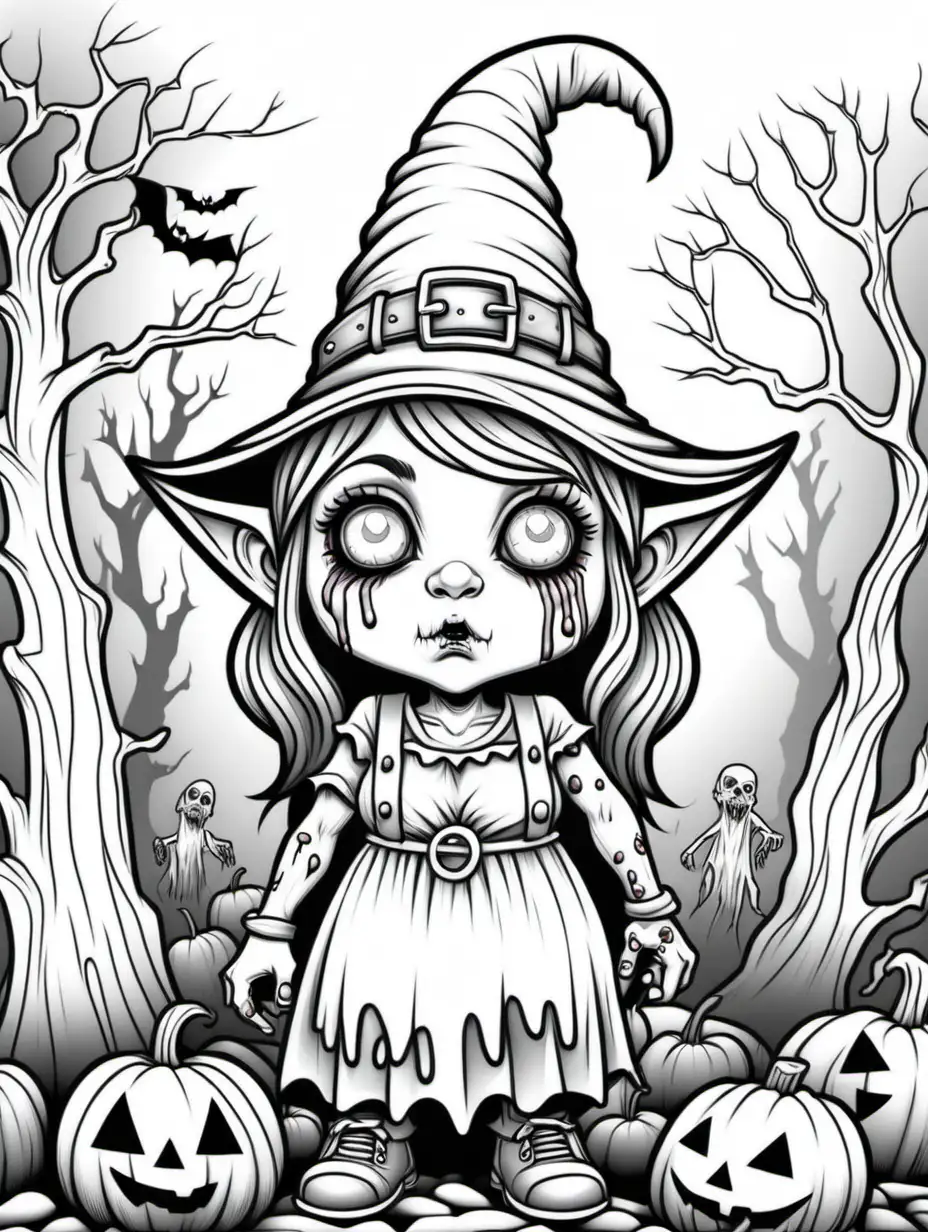 adult coloring page, halloween female gnome zombie, thick lines, low detail, no shading