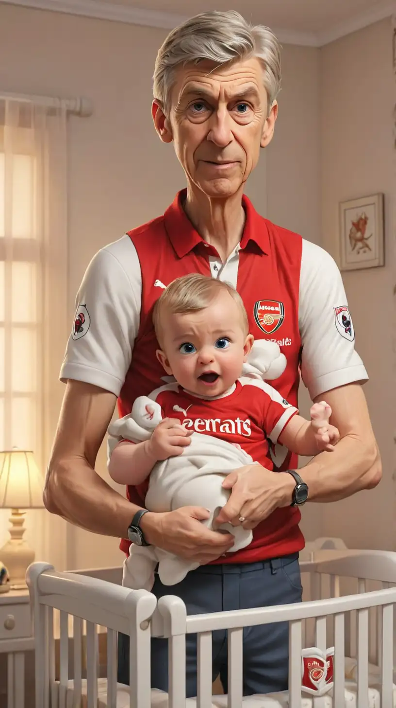 Drawing of Arsene Wenger holding a baby wearing an Arsenal shirt in a crib

, 3d cartoon