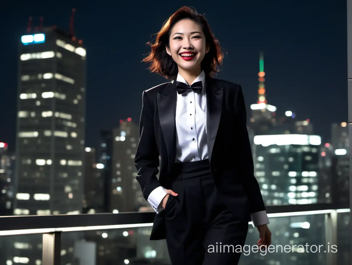 It is night. A sophisticate japanese woman with shoulder length hair and  lipstick.  She is walking toward a skyscraper ledge.  She is wearing a black tuxedo with a black jacket.  Her shirt is white with double french cuffs.  Her bowtie is black.  Her cummerbund is black.  Her pants are black.  Her cufflinks are black.  She is smiling and laughing.  She is relaxed.  Her jacket is open. 