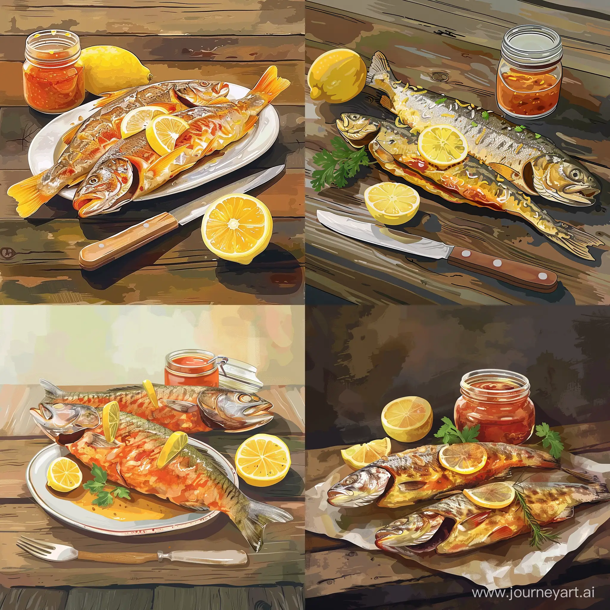 Rustic-Baked-Fish-with-Lemon-Garnish-Illustration-on-Wooden-Table
