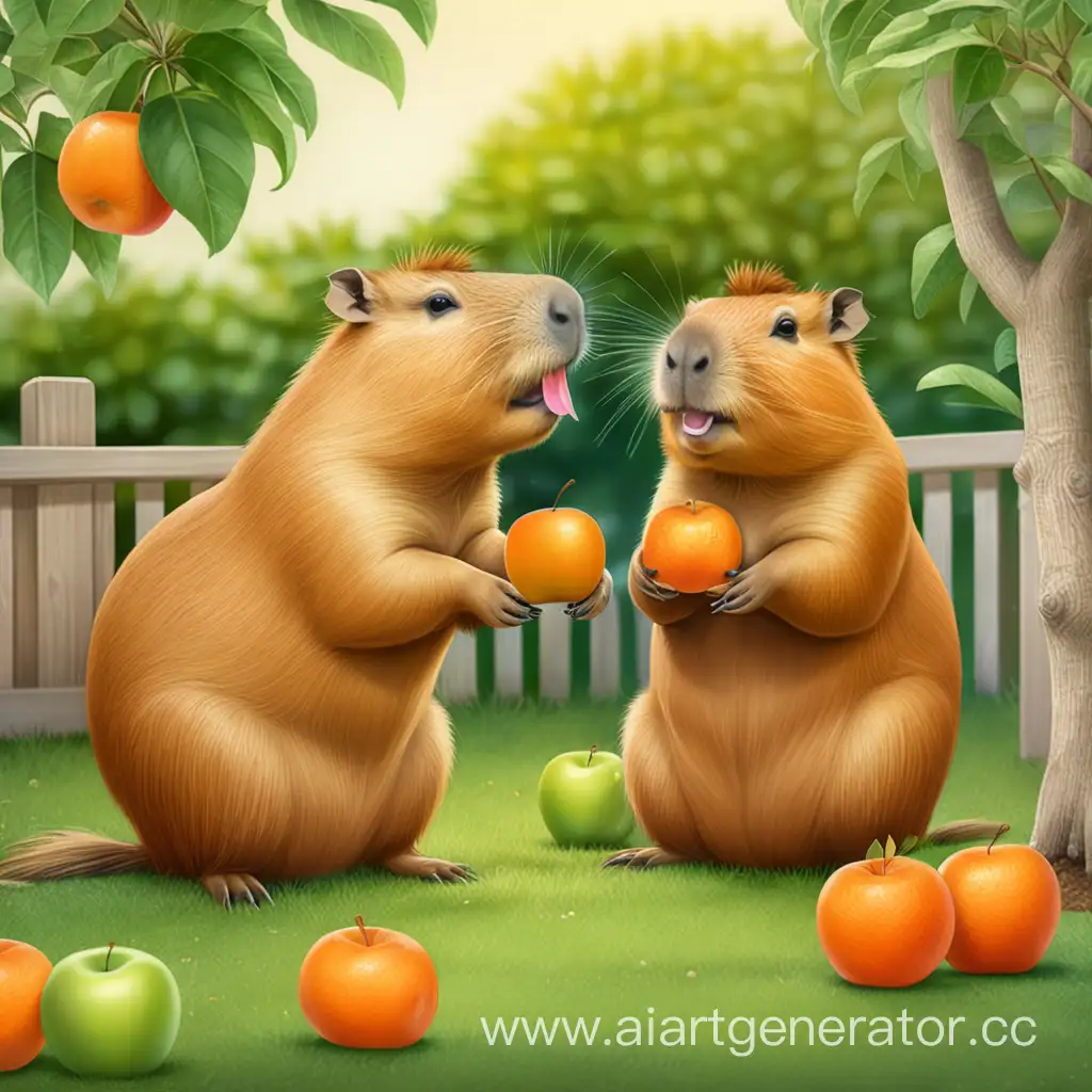 две капибары в саду кушают мандарины и яблоки
