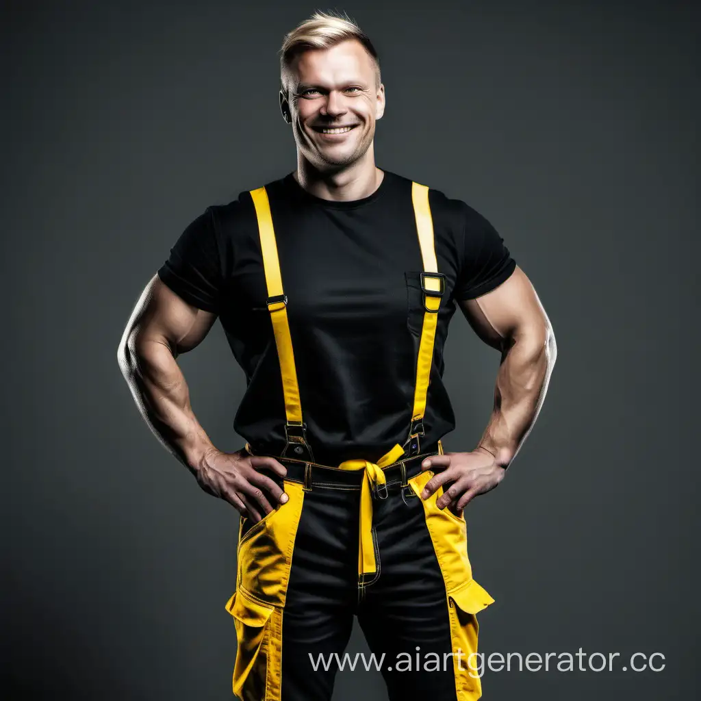 beautiful workwear scandinavian strong man smile black yellow front view full length 4k quality high dramatical light