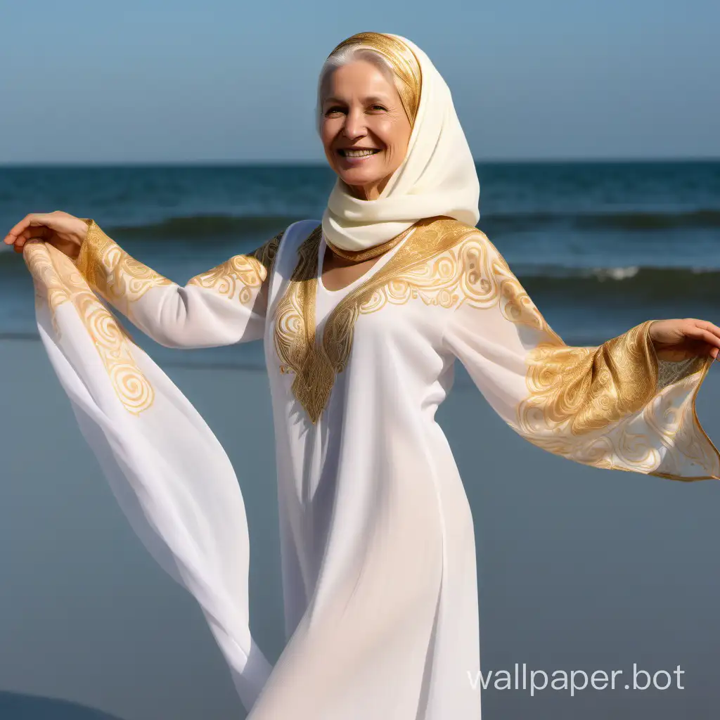 Photograph of the priestess of light. On her head is a light chiffon scarf embroidered with golden patterns. A woman in white clothing stands on the seashore. She is smiling, happy, and relaxed. Radiance emanates from her. The woman is 50 years old. She is graceful, elegant, with a calm contemplative face. Her hair is gathered and tucked under the scarf. On her head is a light chiffon scarf with golden patterns. Golden patterns adorn the bottom of the dress. The sleeves descend, covering the palms and flowing gently with folds to the ground.