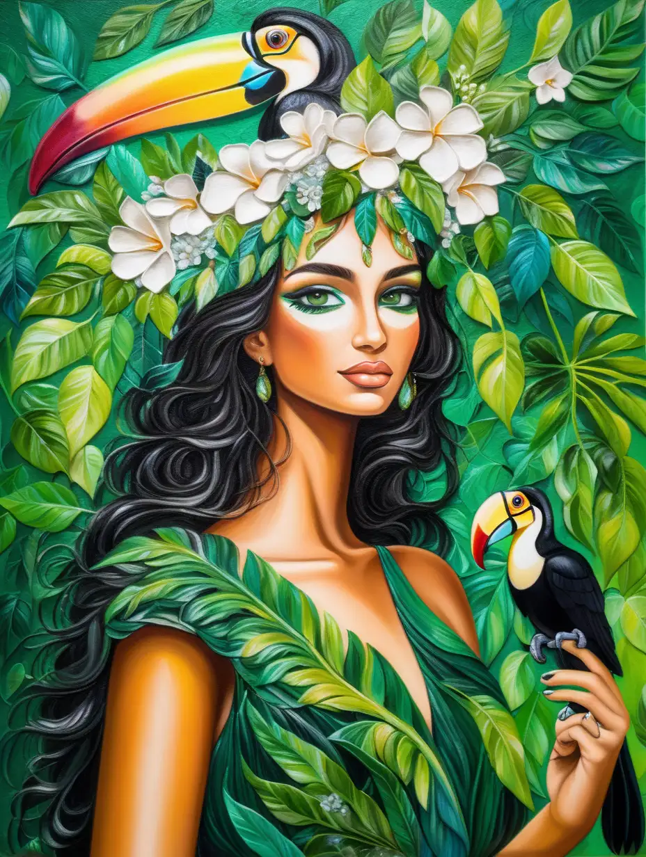 A vibrant impasto with poured acrylic painting and swirl pattern of a beautiful woman in the jungle holding her toucan, she is wearing an a sheer hunter green dress in flow with a crown made of beautiful leaves and white flowers high quality makeup