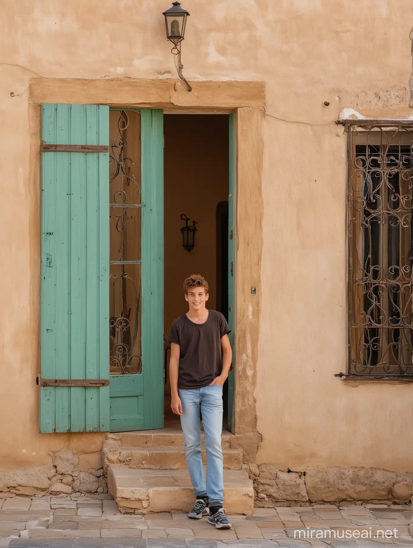 15 year old boy in front of a Mediterranean house