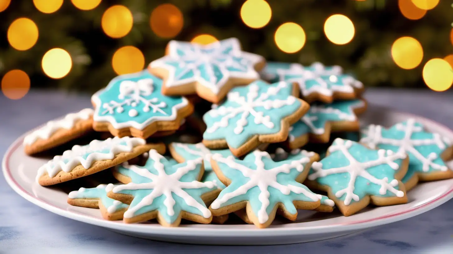 Ten Christmas cookies with icing on a plate with defocused lights background