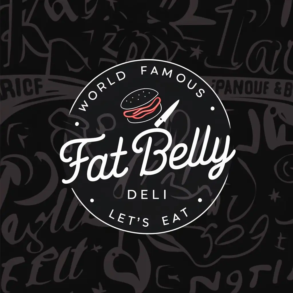 Logo, cooking, with the text "Fat Belly Deli", typography, be used in Restaurant industry. "World Famous" on the top and "Let's Eat" on the bottom. Make "deli" bigger and add a knife as the symbol nothing else