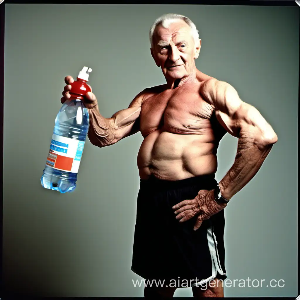 Senior-Bodybuilder-Hydrating-with-Water-Bottle-and-Reminiscing-with-Videocassette