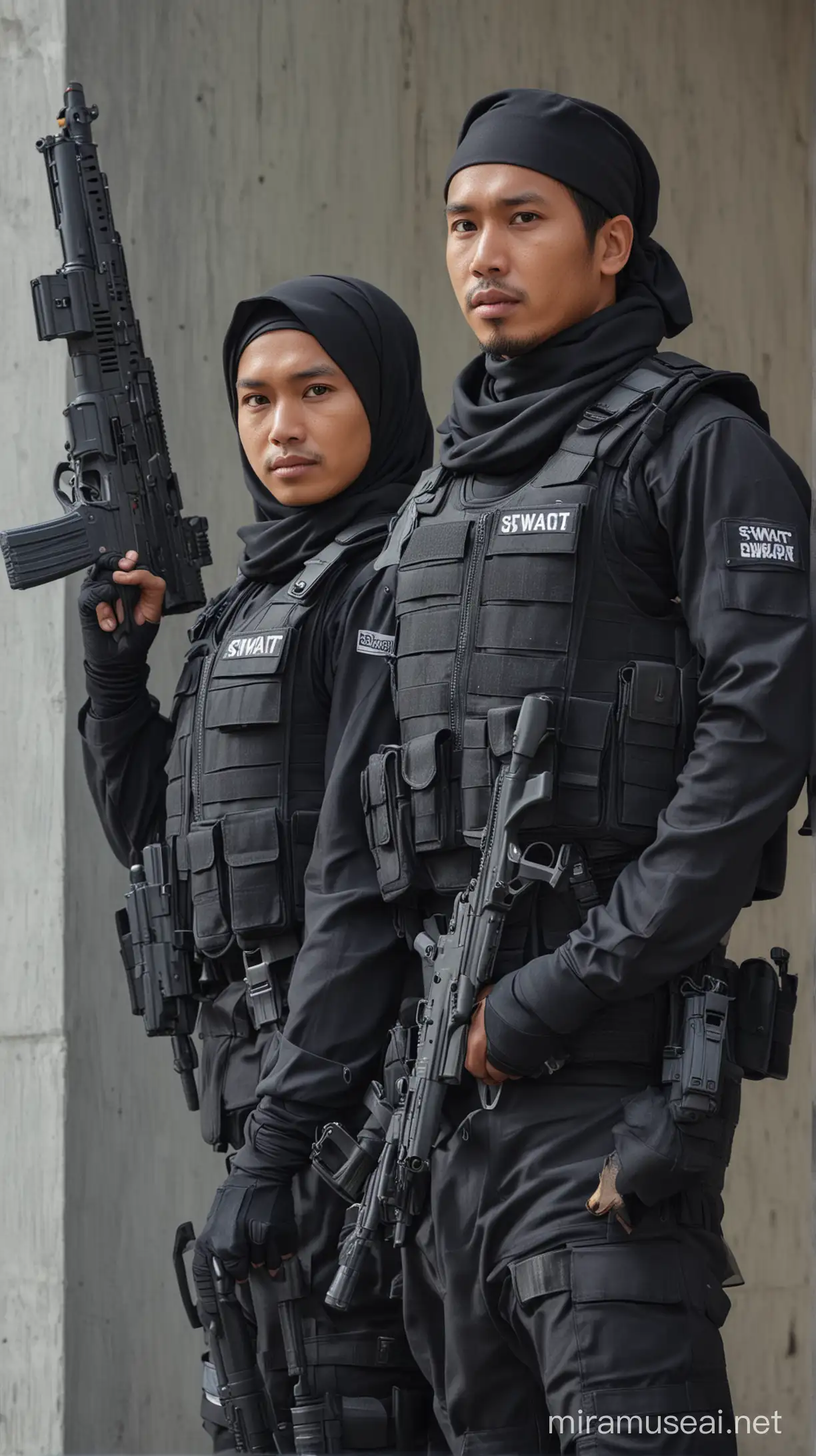 a 35 year old Indonesian man wearing a swat police uniform, holding a gun.
next to him is a 30 year old Indonesian woman wearing a swat police uniform,hijab, posing leaning against each other. empty building background. realistic 4k