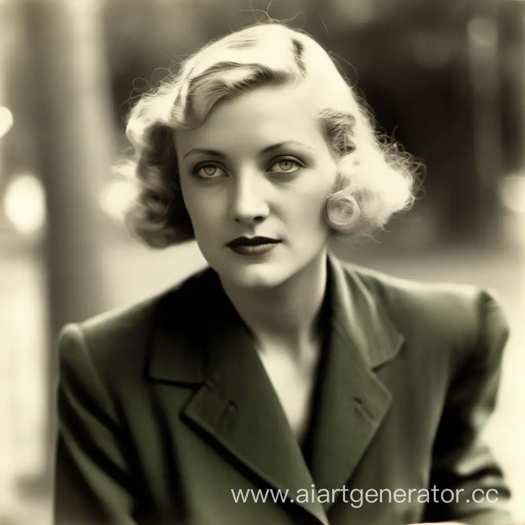 a thirty-two-year-old well-to-do French woman with blond hair and green eyes, wearing an austere suit in america 1932
