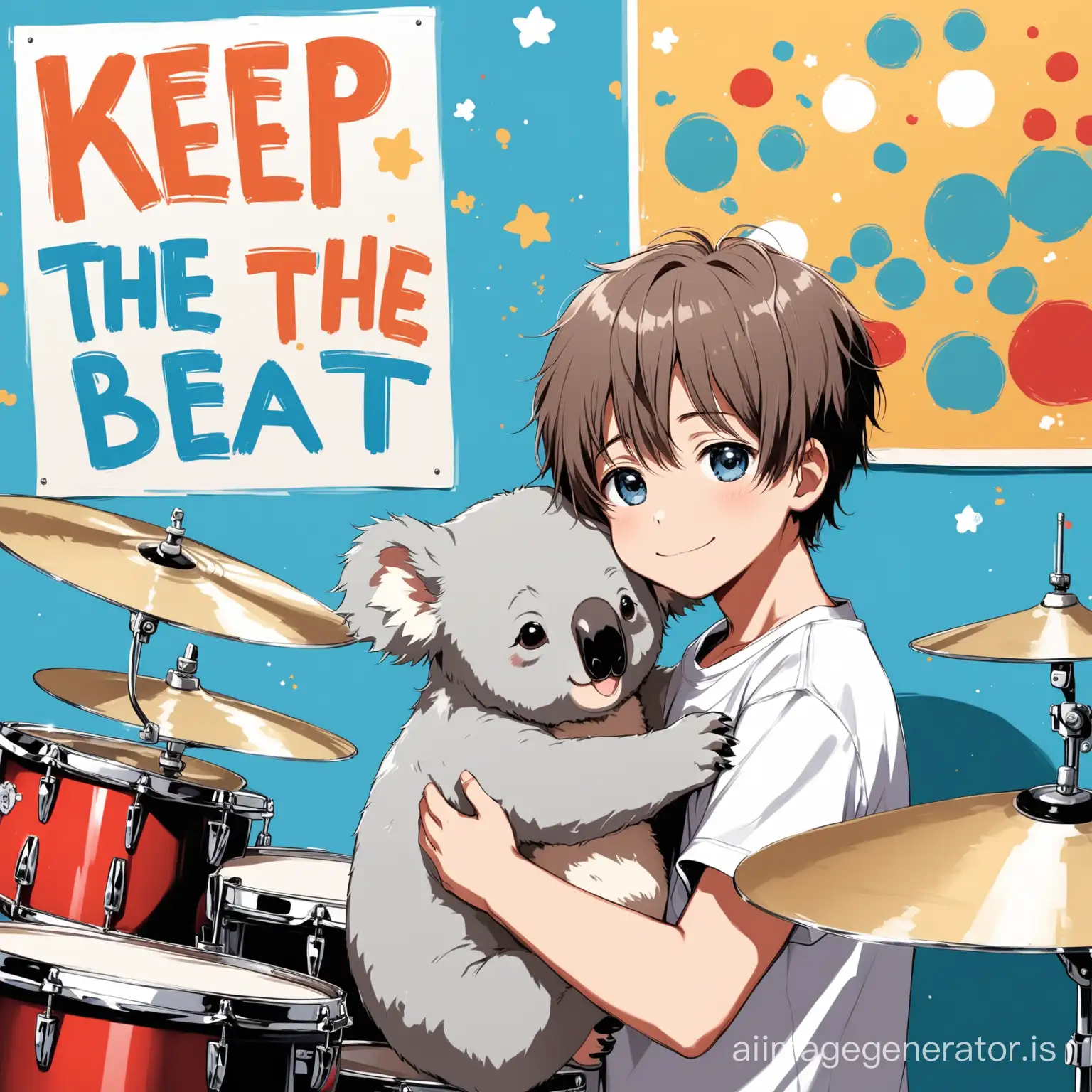 Youthful-Musician-Embracing-Adorable-Koala-Amidst-Drum-Kit-Backdrop