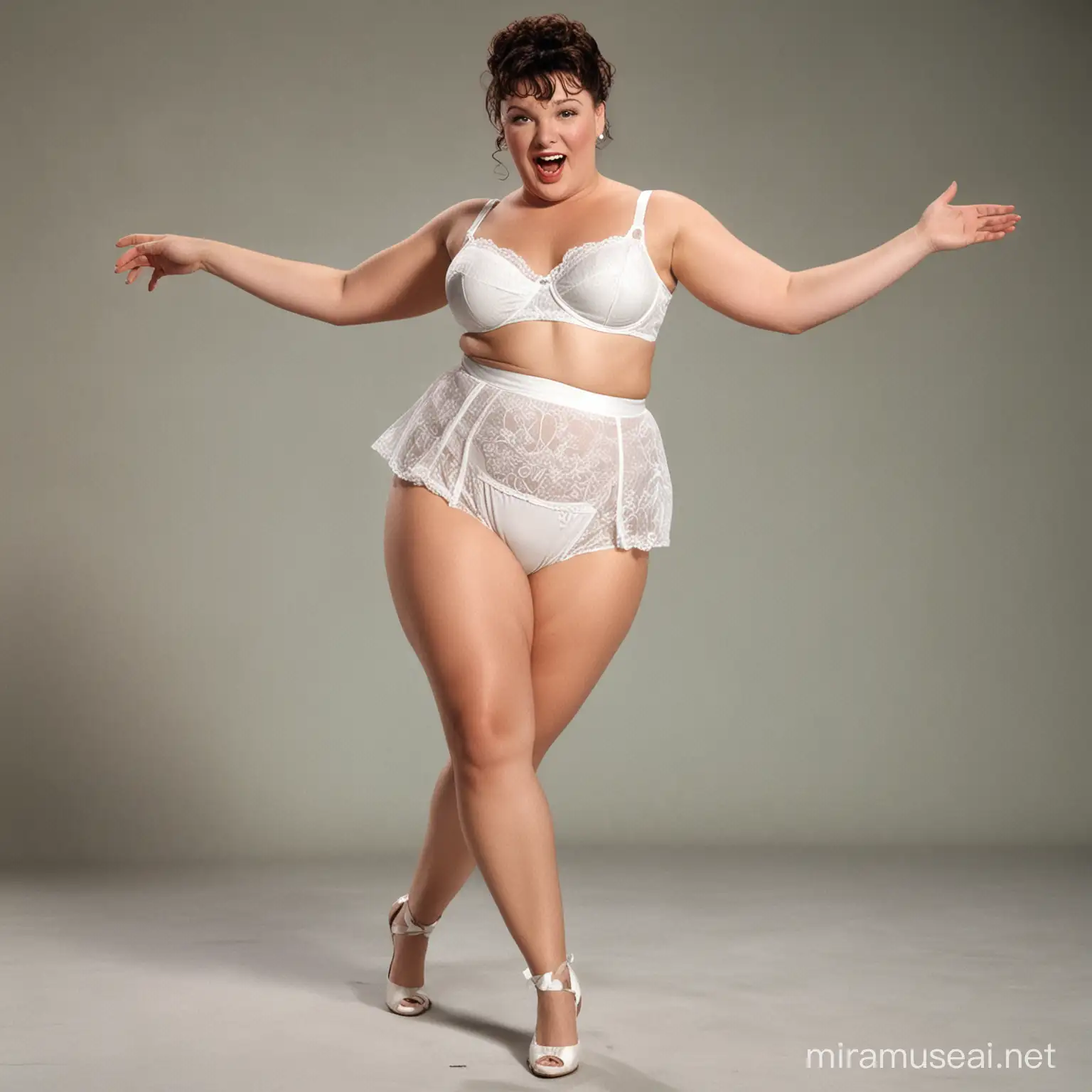 A colour photo of Oliver Hardy as a woman, wearing wet lacy white panties, dancing with legs apart. 