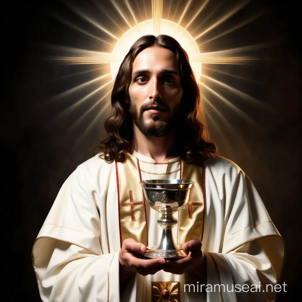jesus as high priest holding Eucharist in right hand and Chalice in right hand
