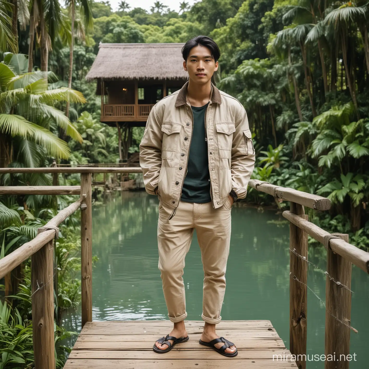 pria muda asia 24th, clear face, pakai jaket, celana beige, pakai sendal sedang berdiri dengan seorang wanita cantik dengan rambut hitam di atas pagar jembatan, latar belakang sebuah pondok kayu yang terletak di tengah hutan tropis yang rimbun. Pondok tersebut berdiri di atas kolam dengan air jernih, dikelilingi oleh pohon- pohon besar dan tanaman hijau, cuaca berkabut terang di siang hari.