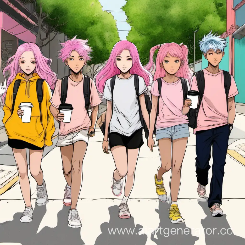 6 разных азиатов идут по улице, у них стаканчики с кофе в руках. 3 девочки и 3 мальчика. У кого-то розовые волосы, у кого-то желтые, у кого-то белые