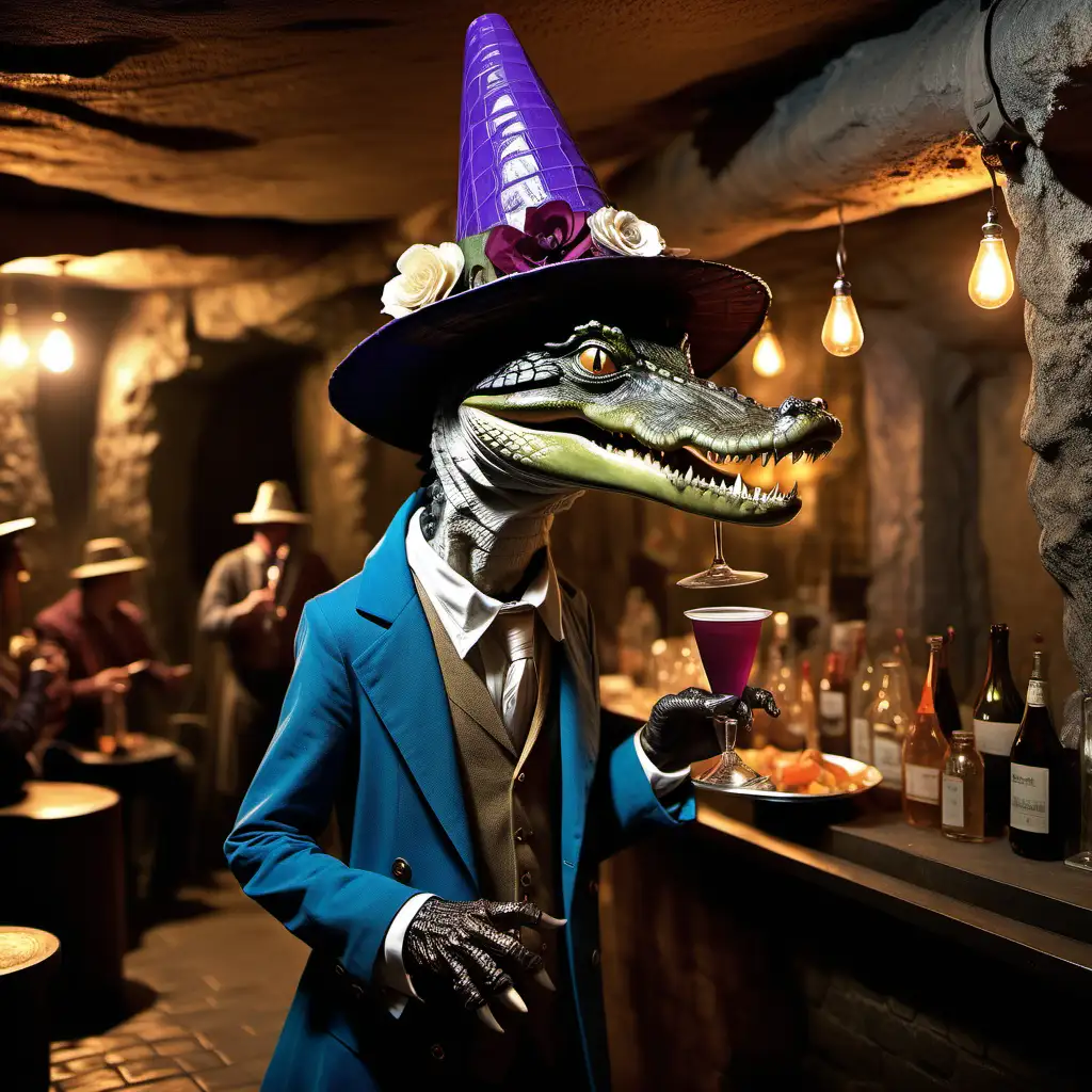 standing alligator, very thin, in an underground jazz club, in a cave,  wearing conical hat, striking, photo realistic, wearing french renaissance clothing, female, long snout, narrow eyes, hair, in a jazz club with other animal creatures eating and drinking, earings, abnormally narrow snout, feminine, long hair, piercing blue eyes, long earings, necklaces, poet, performing jazz, purple skin, photo real, striking
