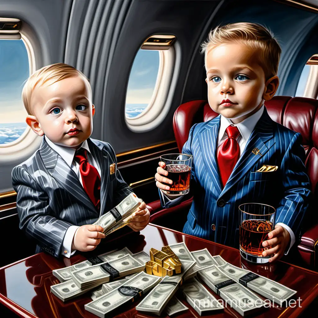 oil painting of two intelligent ivy league baby boss white and black, Grey suit stripe with a gold tie  and red tie blue suit strips on a private jet with a glass of bourbon and stacks of gold bars and money