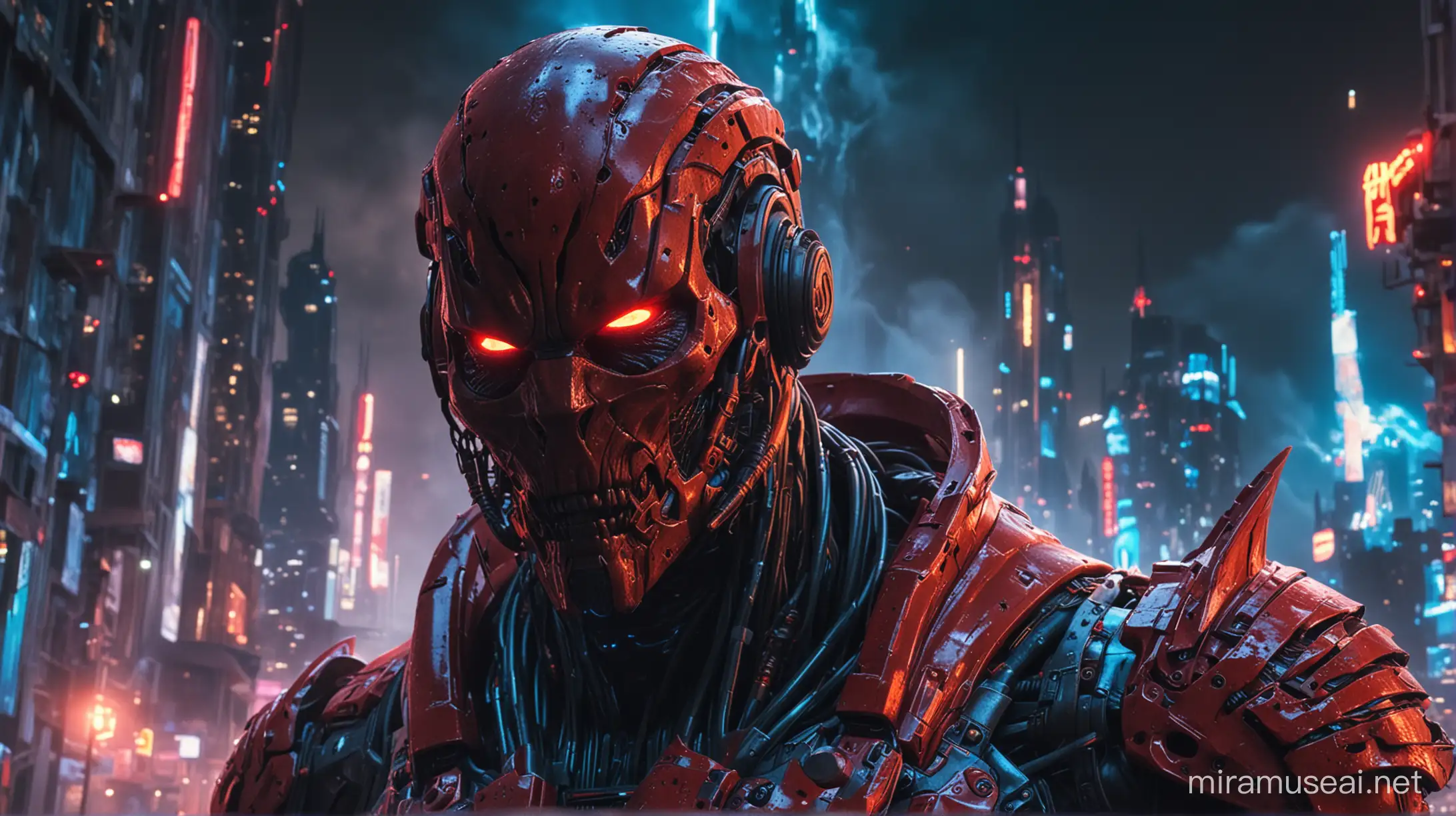 An extreme close up of a menacing, scary, evil man with extremely reflective and shiny, blood red exoskeleton amidst a stunningly beautiful, densely built, neon blue and red colored futuristic, alien city with giant citadels, incandescent lightning, laser blasts, multiple luminescent explosions, smoke plumes and stunning lens flares across a gorgeous starlit night sky.