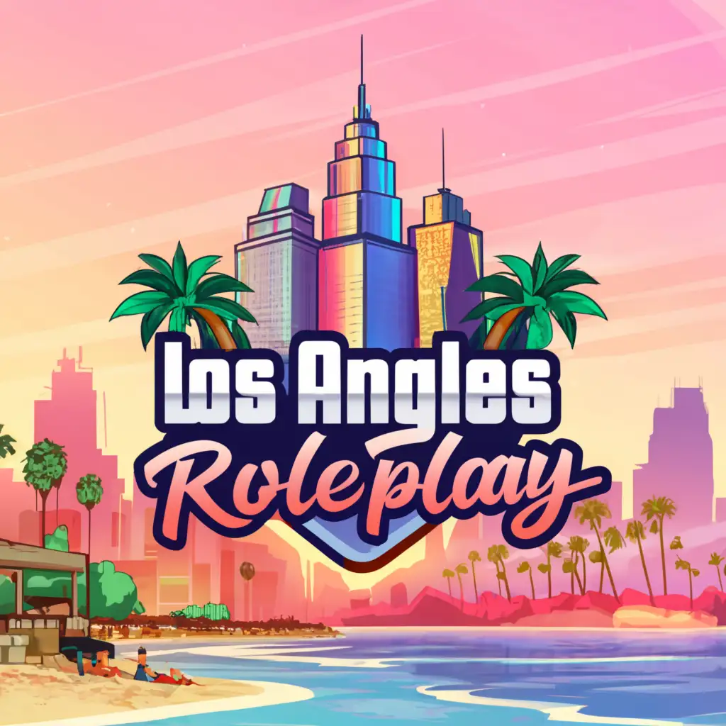 LOGO-Design-For-Los-Angeles-Roleplay-Vibrant-Animation-Featuring-Santa-Monica-Palm-Trees-Beach-and-Skyscrapers