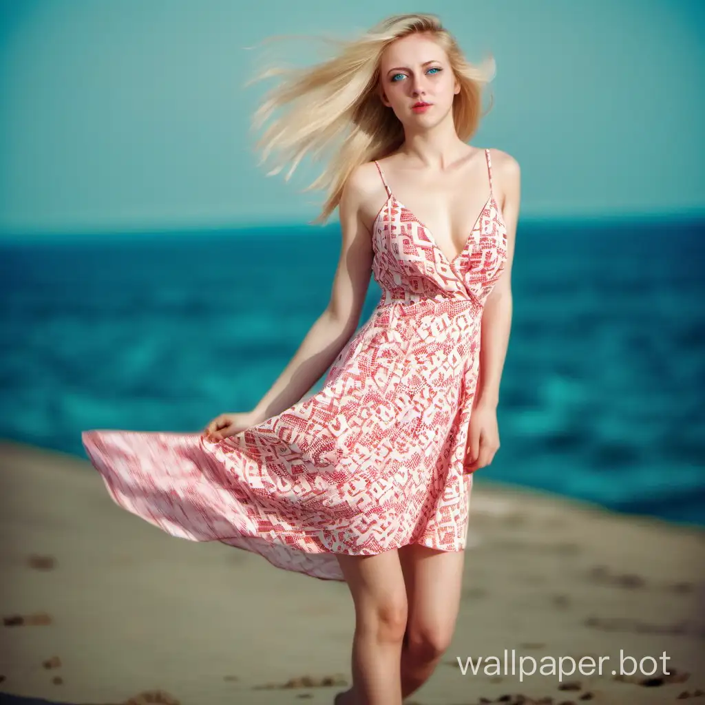 Blonde-Russian-Woman-in-Patterned-Dress-Poses-on-Empty-Beach
