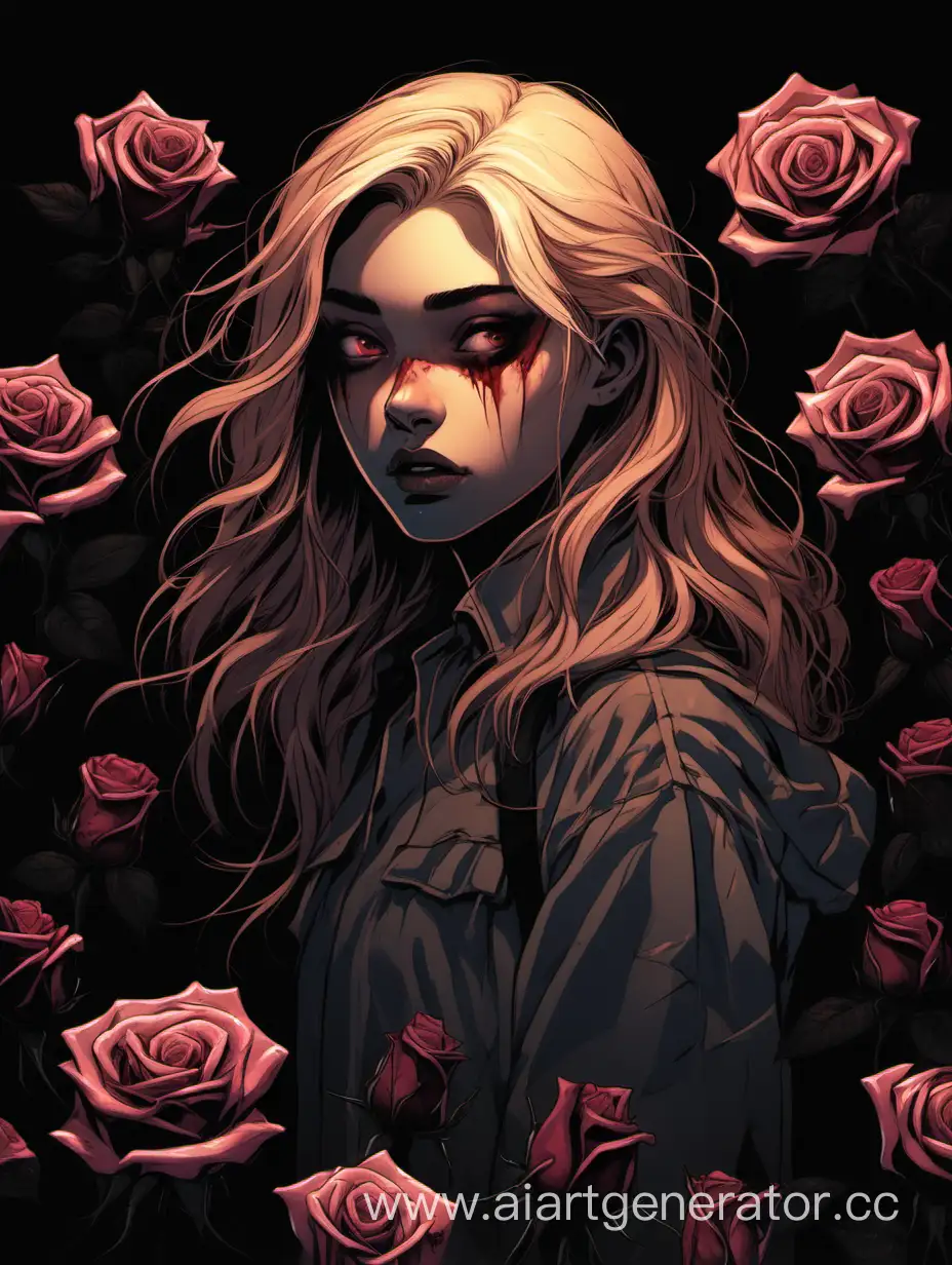 темный фон, розы,девушка со светлыми волосами дрожит от испуга