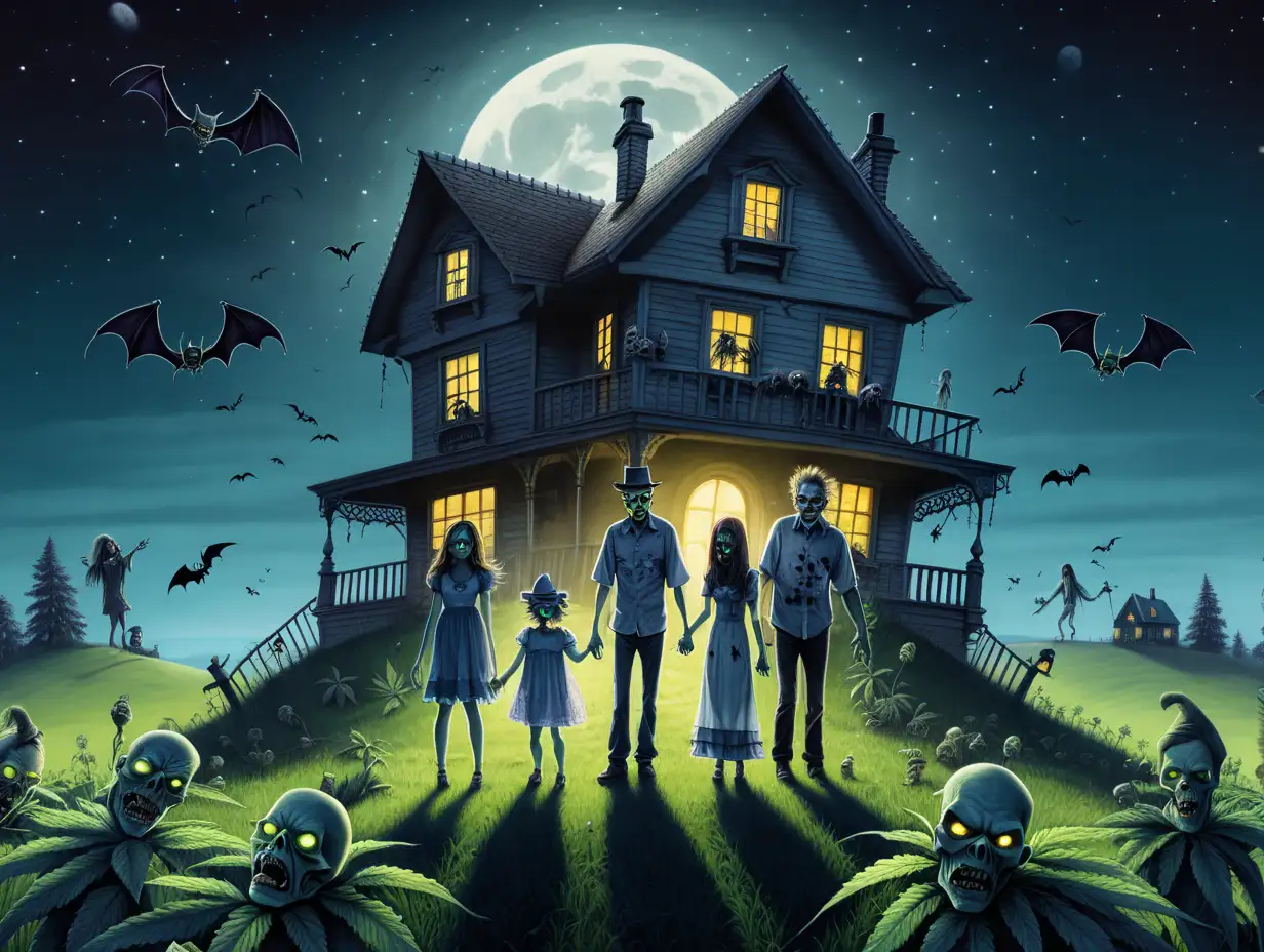 Scary Zombie family standing in a field of cannabis with a dark scary house on top of the hill with a bright shining moon and bats in the sky







