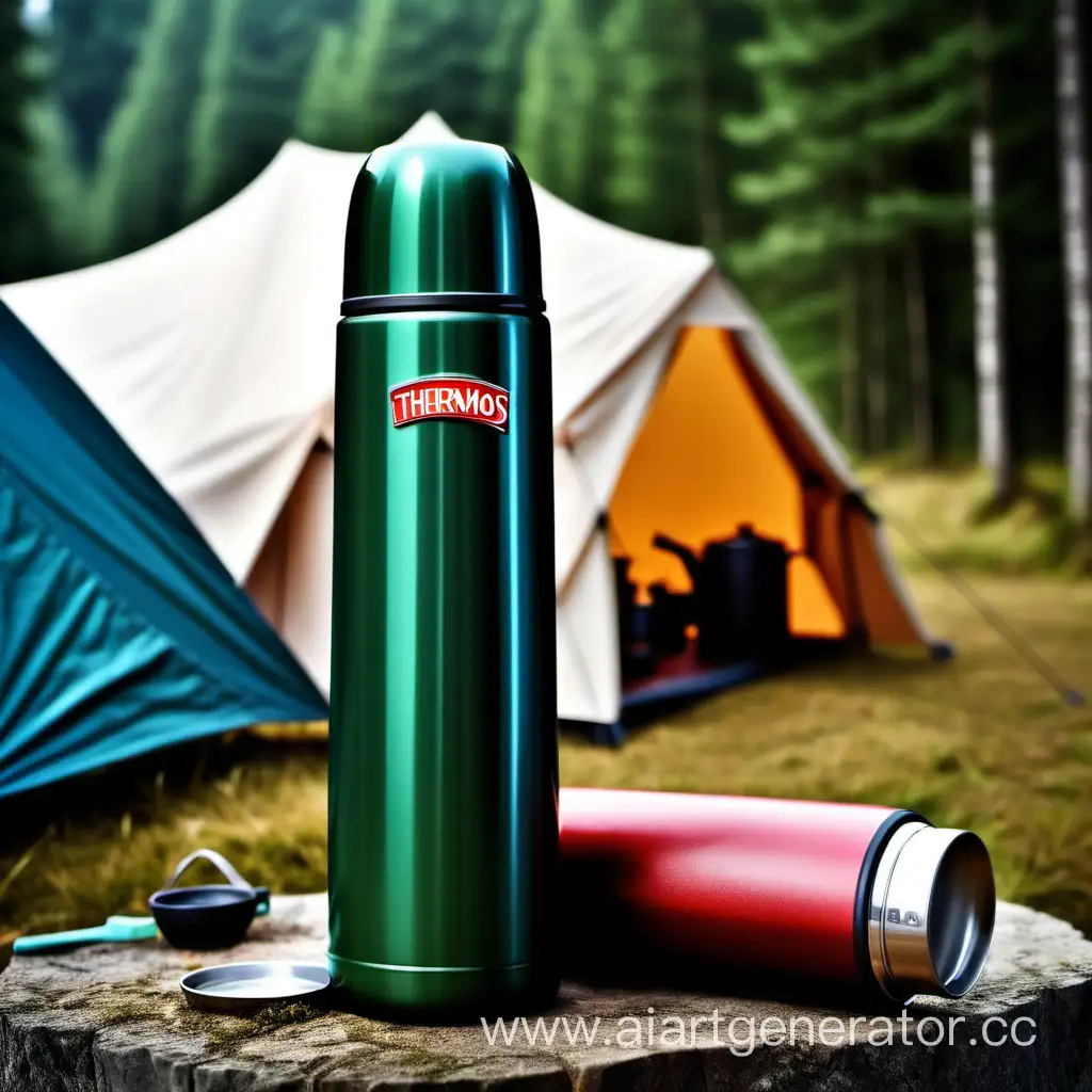Serene-Outdoor-Camping-Scene-with-Tent-Ideal-Thermos-Setting
