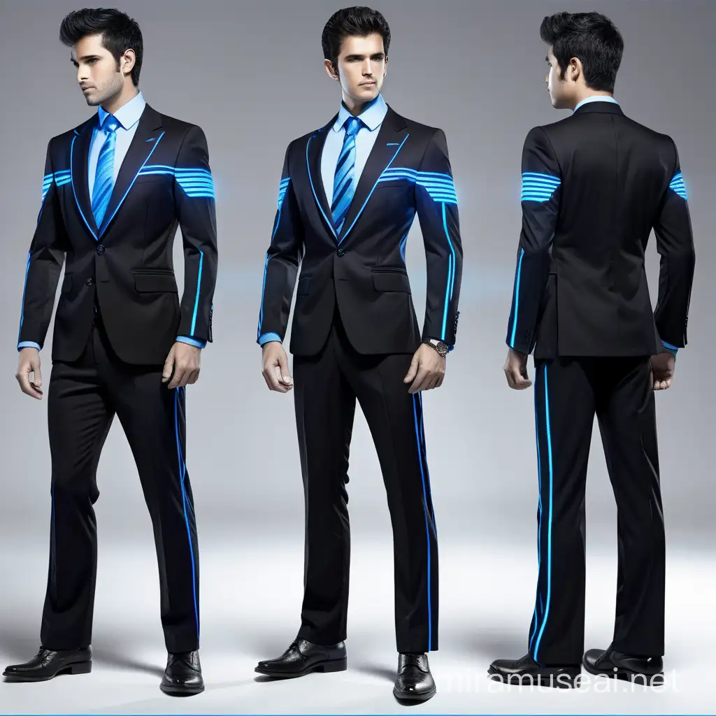 Black long suit for men character with blue colour lines on it the blue color line spark each second 