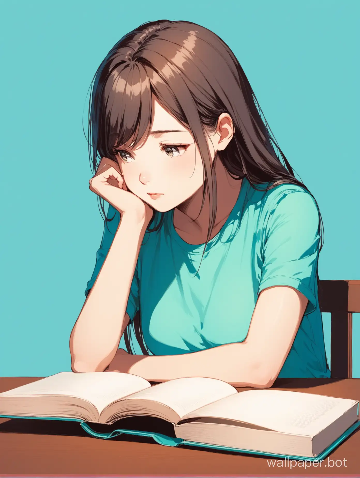 Девушка сидит за столом, за книгой и думает, светло-синий фон