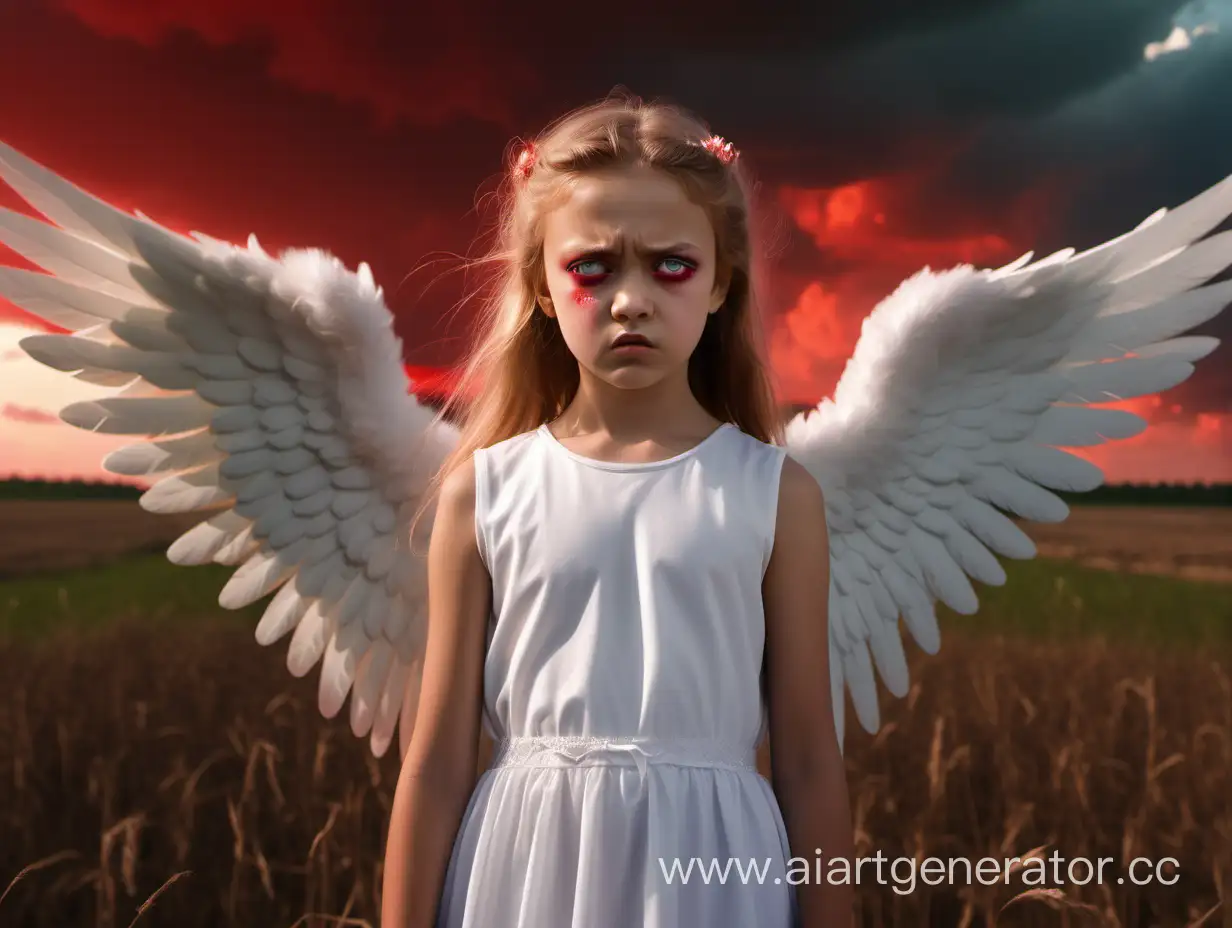 Облака красного цвета в небе, поле , в правой стороне 12-ти летняя русская девочка-ангел в белом платье с крыльями, смотрит мне в глаза сердитым взглядом глаза светятся красным,  8к  