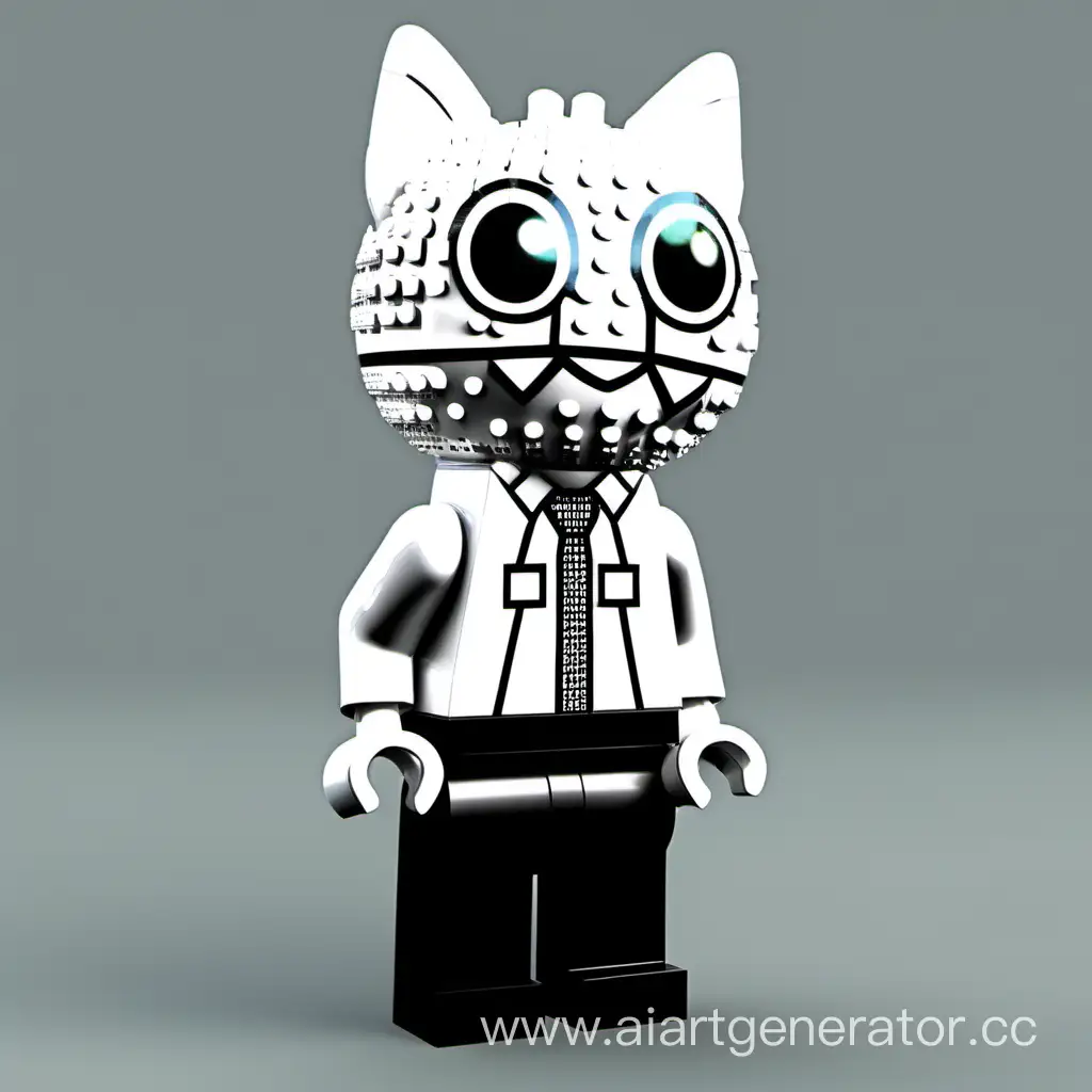 Lego-like character with white skin, white shirt with meme drawing, black pants and with meme sphere cat head. 4k. Roblox.