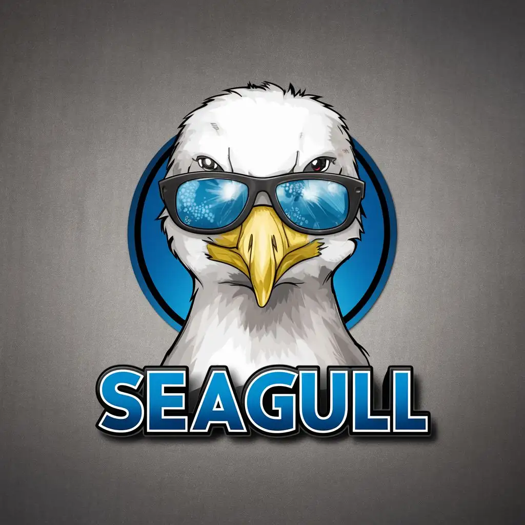 logo, full size Seagull with sun glasses, with the text """"
Seagull 
"""", typography, be used in Entertainment industry