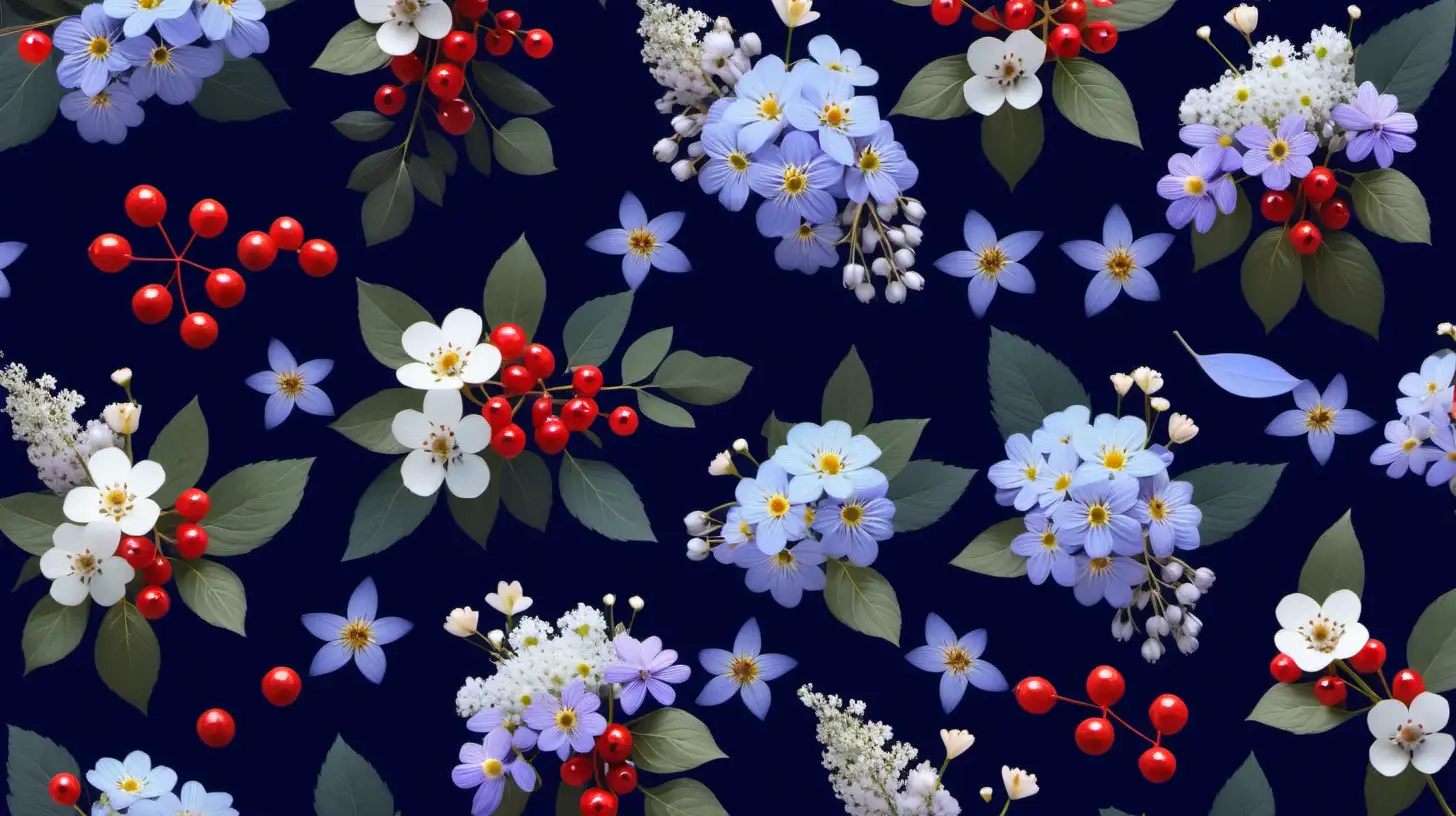 Create a floral multicolor soft baby blue pallet, pastel collage . clusters of small flowers. small pops of lilac flowers and baby breath. navy blue background, red berries dispersed throughout. Drop shadow on some of the flowers to give dimensions