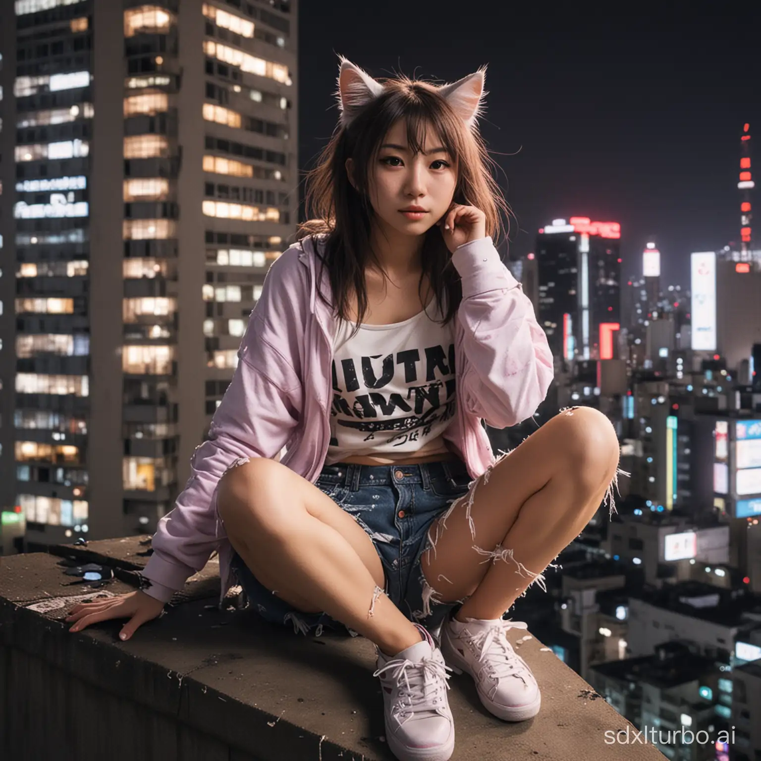 lithe Japanese cat girl with ripped and tattered clothes sitting on top of an urban building in future neon-lit Japan at night