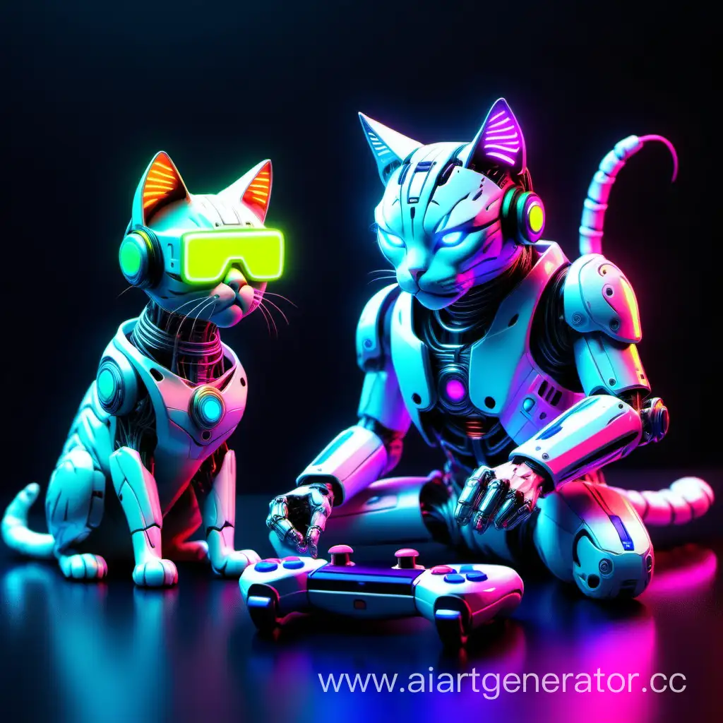 Кот киборрг играет в приставку со своим другом котом киборгом, все в неоновых цветах