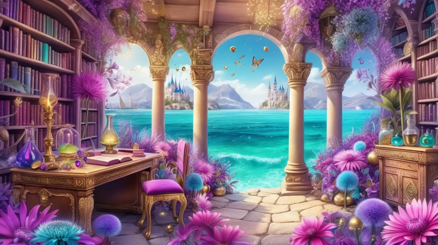 Magical Fairytale with bright purple ocean-pink and gold and gemstones and treasure chests and bright-turquoise flowers-growing by an oasis with bright sunny sky and giant dandelions and with bookshelves and purple and green and potions