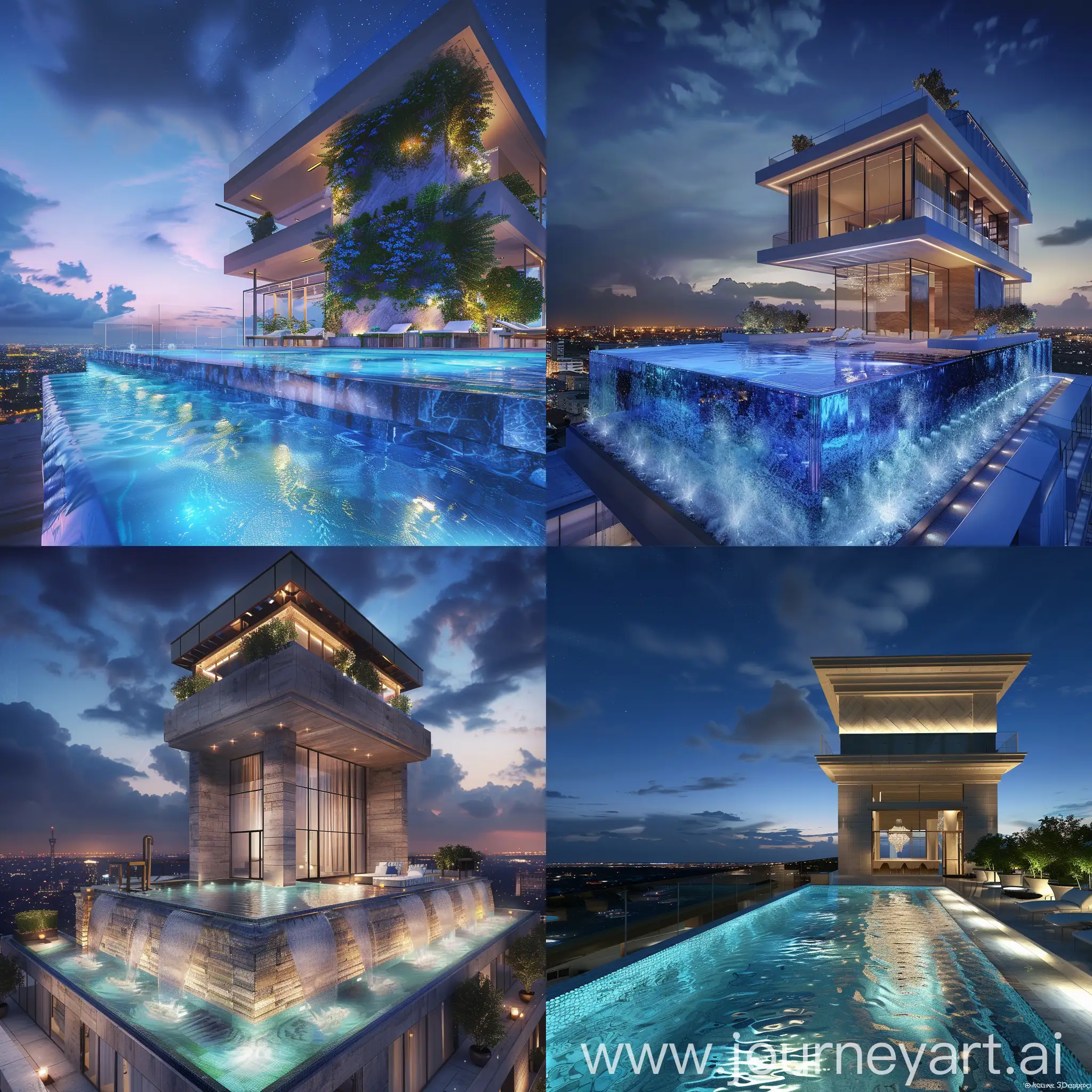 Design a breathtaking Award-winning 3D architectural roof top swimming pool, in elegant high raised apartment tower. Beautiful lighting, breath taking night sky.