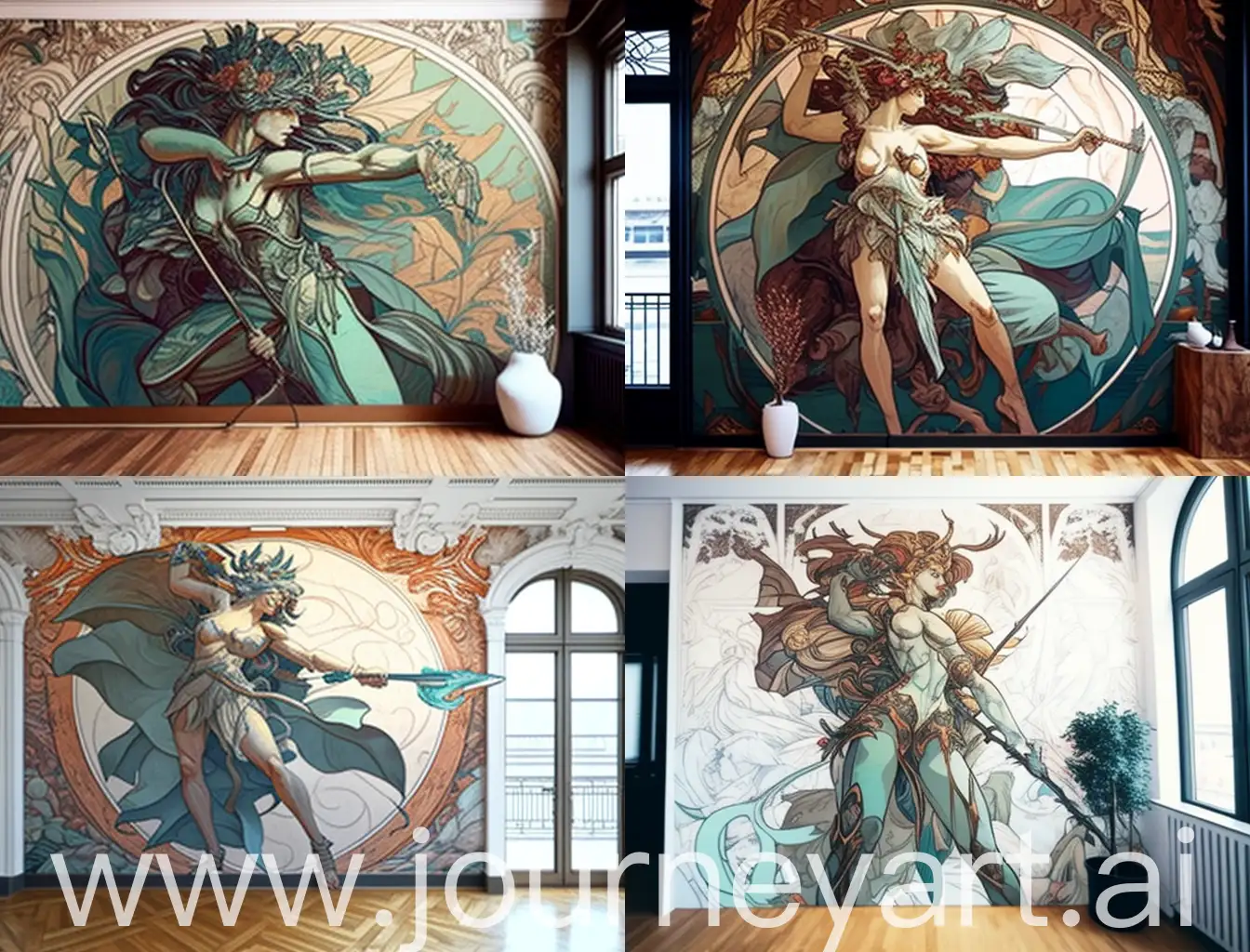 the mural on the wall. art nouveau, Alphonse mucha. Fight scene warrior in armor with a spear against a monster, texture