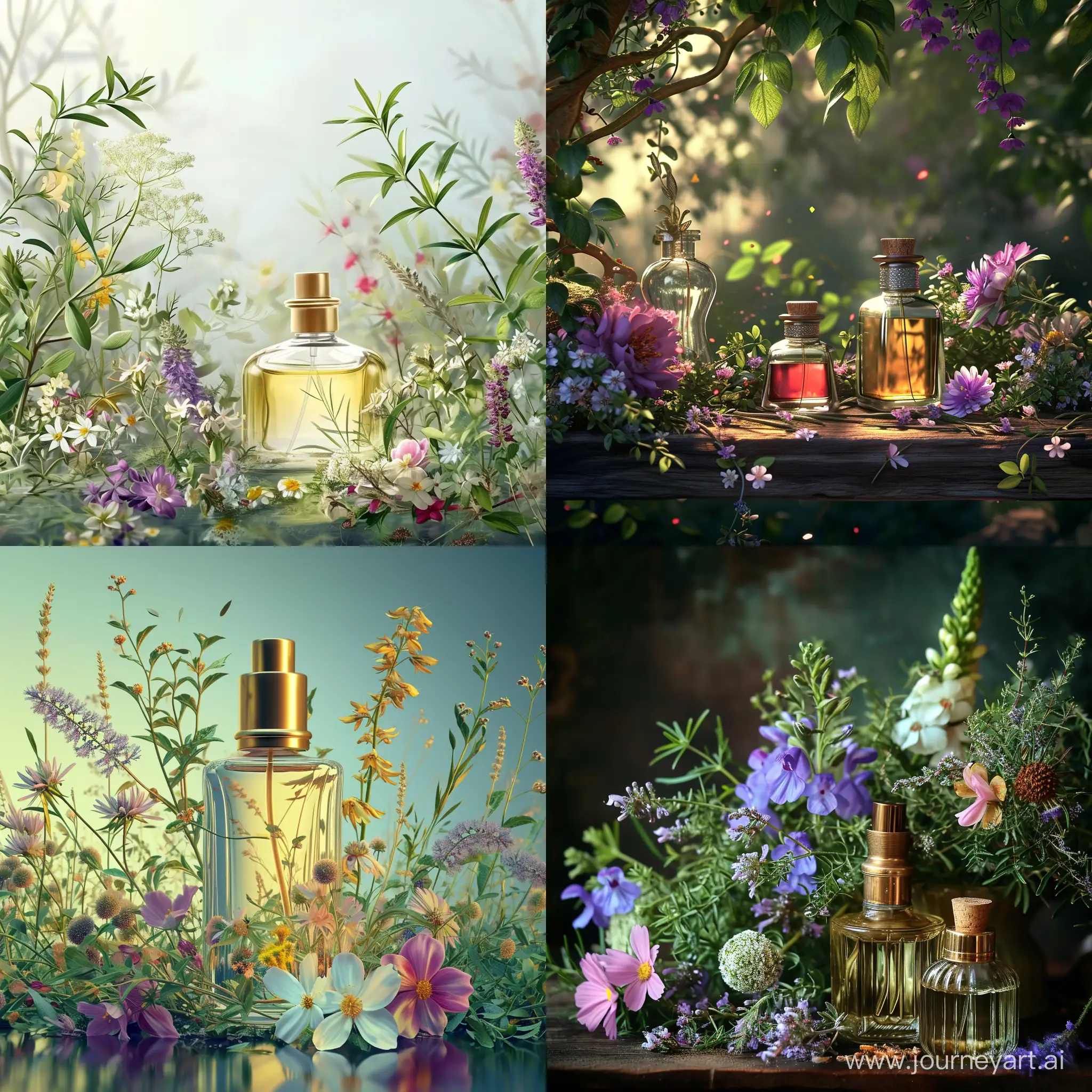 парфюмы, полевые цветы, дикие, лечебные травы,  детально, фон мистический и загадочный, фотореалистично