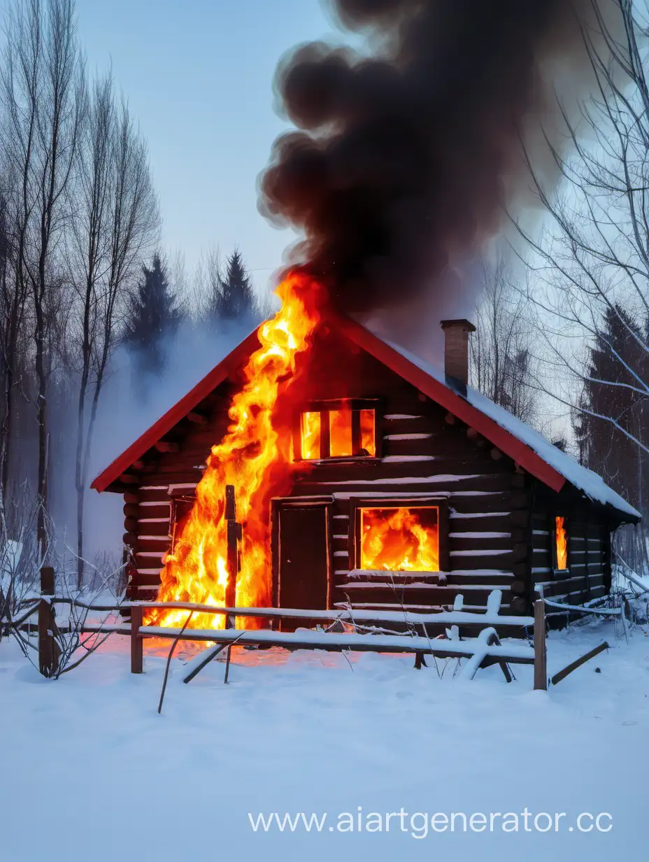пожар зимой в деревянном доме  в деревне