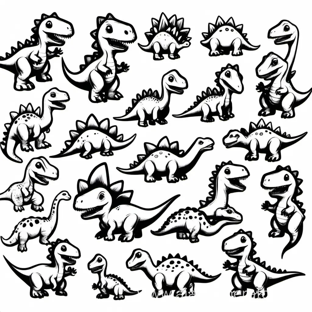 милые динозаврики много стикеров  черно белый графика 
