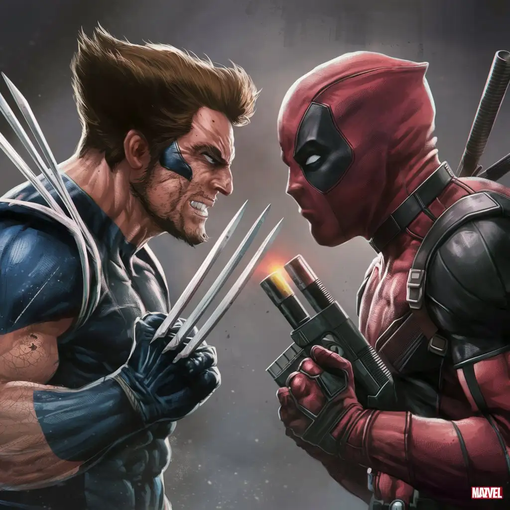 Visual Prompt: Wolverine and Deadpool standing face to face, sizing each other up.
