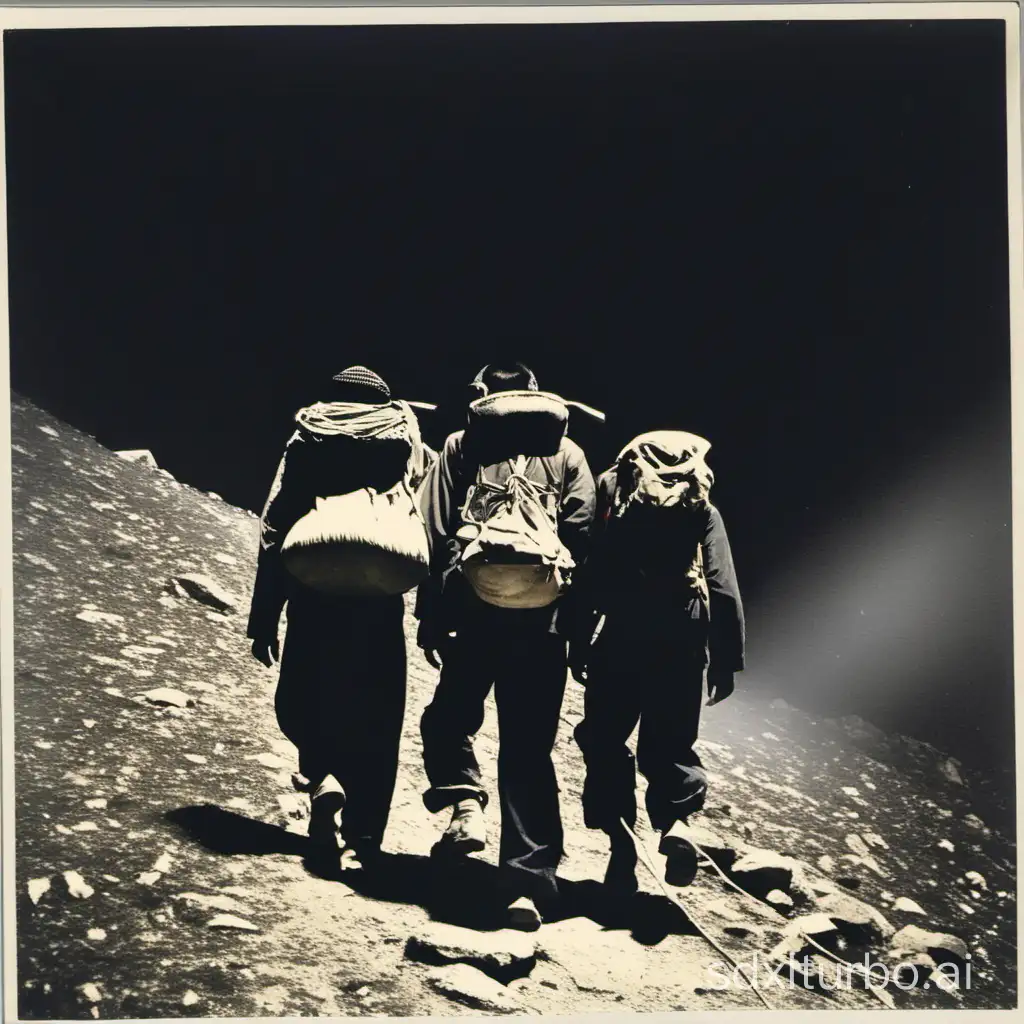 3 tibetan refugees climbing a mountain at midnight, back turned, children on backs