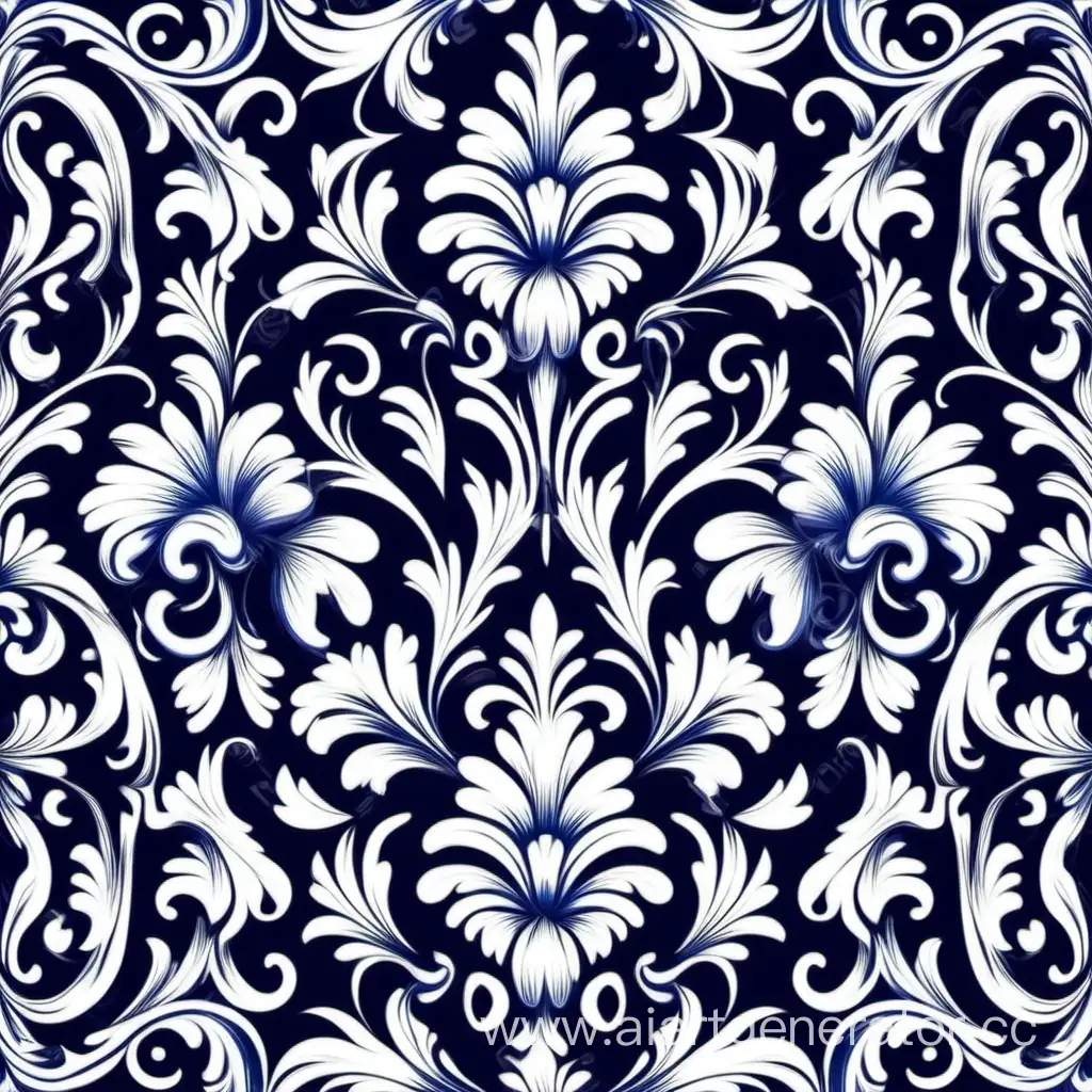 Elegant-Floral-Baroque-Pattern-in-White-and-Dark-Blue-Vector-Illustration
