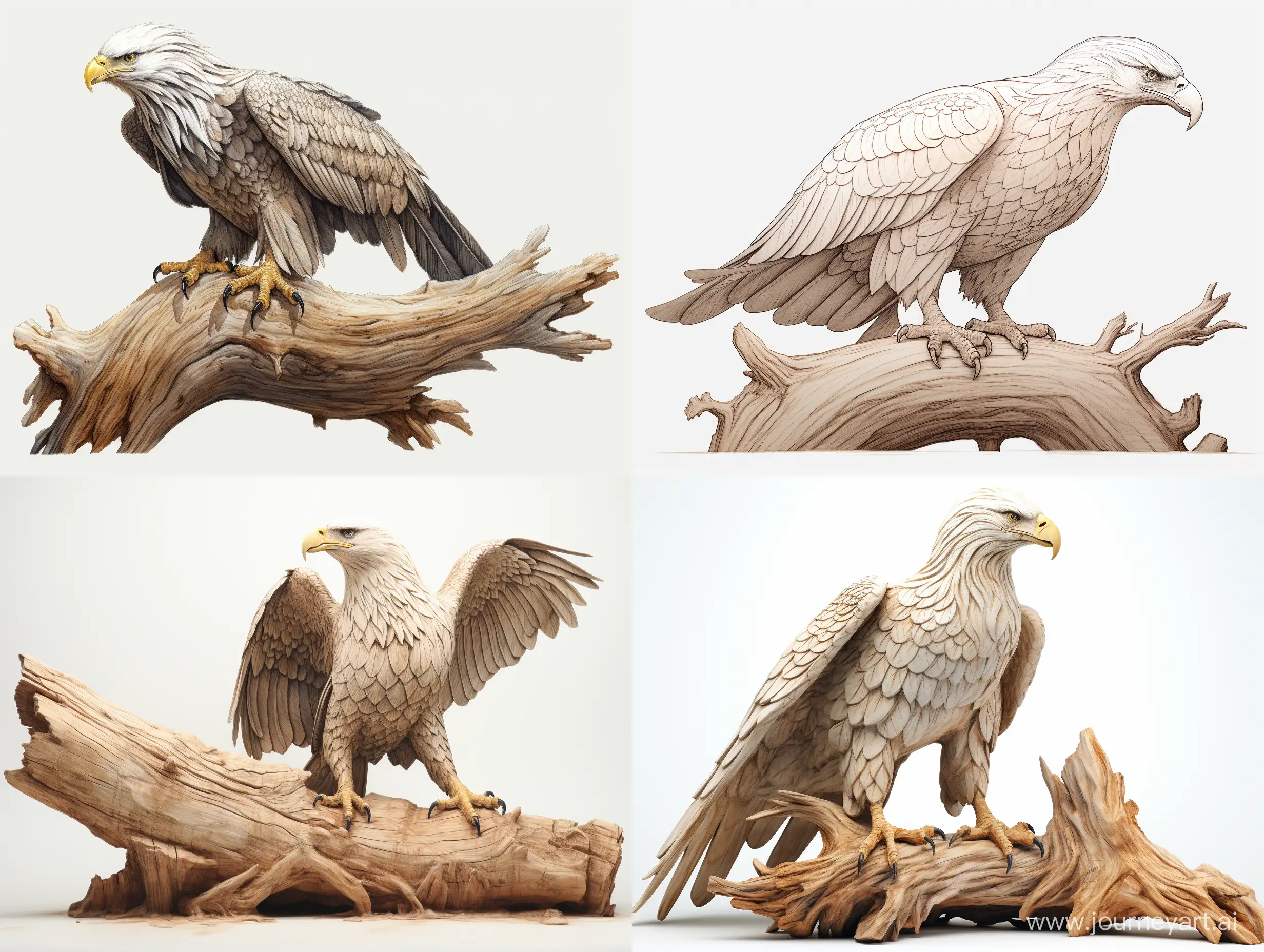 Professional sketch for wooden sculpture, a full-length eagle sits in profile on a large wooden obliquely cut log wings slightly spread, professional dynamic character, wood carving, ready for battle 3d, white background, 8k Render, ultra realistic