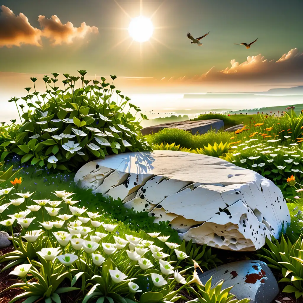 Tranquil White Rock Amidst Verdant Flowers with Sun and Birds