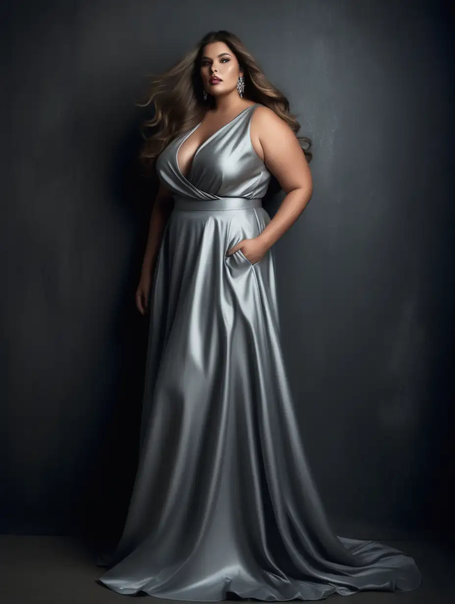 Stylish Plus Size Latina Model in Elegant Silver Evening Gown