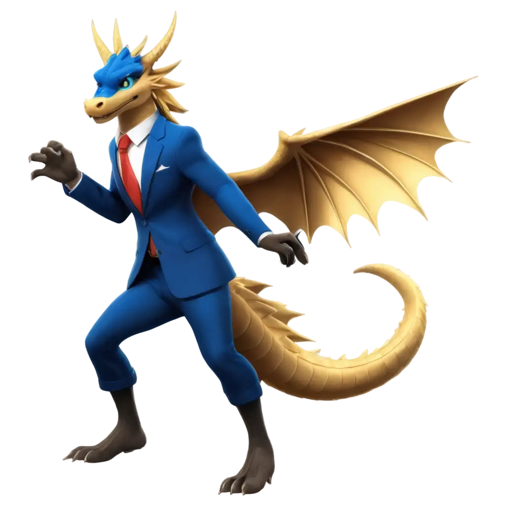 anthro male blue dragon, blue eyes, long dark blonde hair, dragon tail, 2 legs, 2 arms, wings, suit